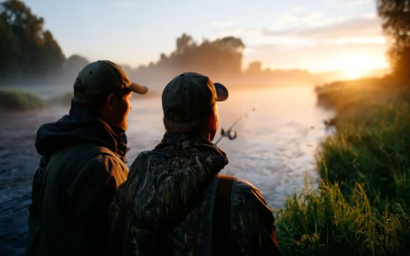 Couple fishing at sunset by river.