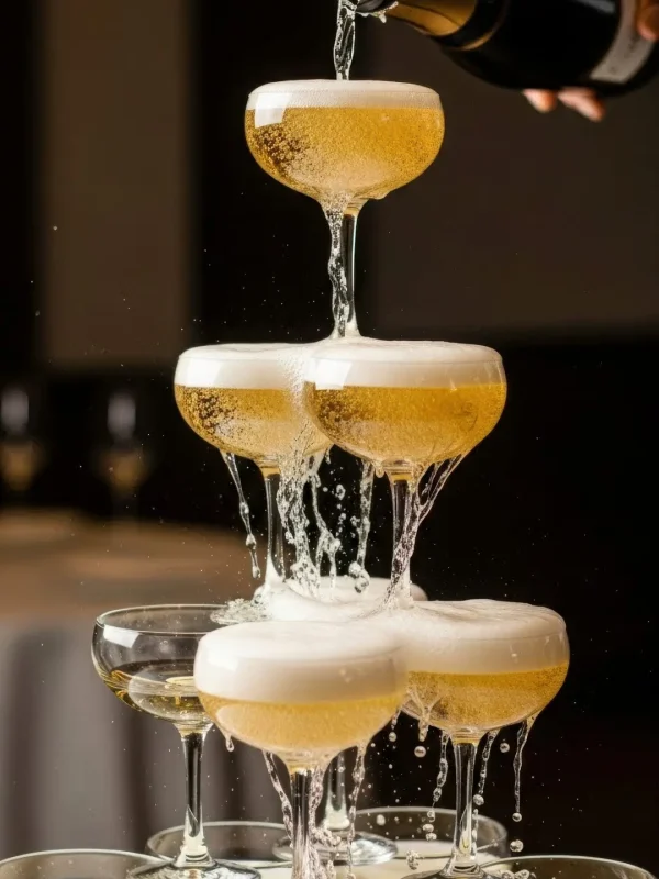 Bubbling Champagne Cascade: A pyramid of elegant champagne glasses is being filled, cascading the sparkling liquid from top to bottom, embodying the spirit of celebration and festivity.