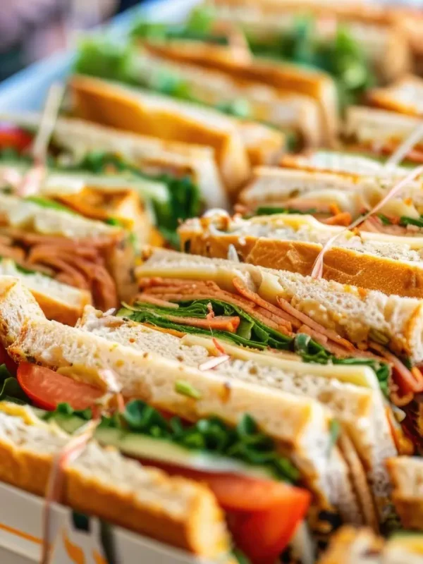 Box of Sandwiches for Catering Delivery Tasty Fresh Snacks for Event Venue Meal Served in a Large Container Triangle Sandwiches with Cheese Tomato and Green Salad for Lunch